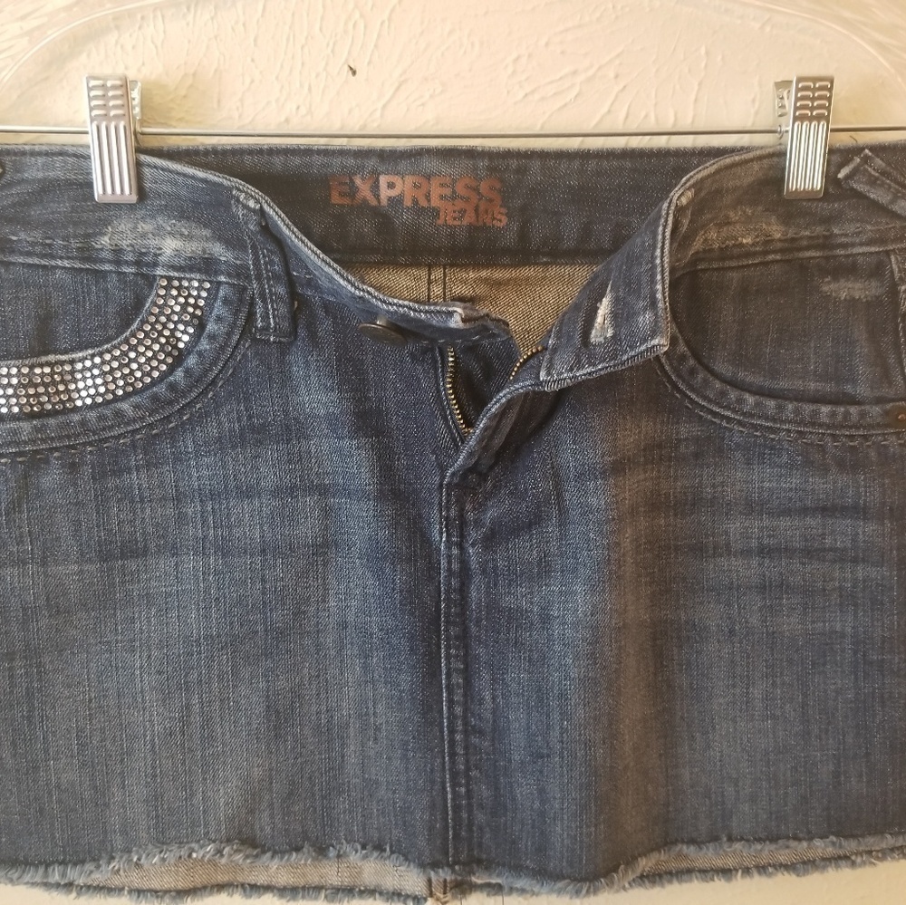 Express Dark Wash Rhinestone Bling Denim Micro Mini Skirt Raw Hem Y2K - Picture 5 of 9